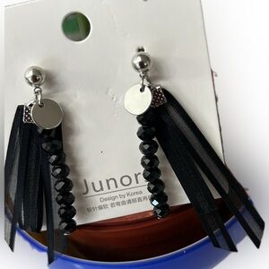 Junors Chic Black Beaded Tassel & Ribbon Fashion Dangle Drop Earrings 2"